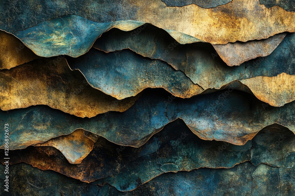 Poster abstract layered art with teal and gold hues resembling textured mountains or waves.