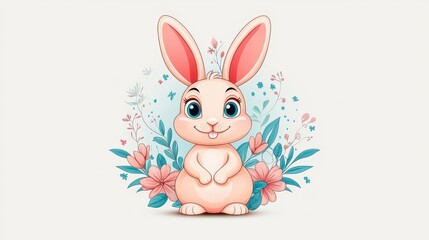 Cute cartoon rabbit surrounded by flowers and foliage, showcasing a playful and colorful design ideal for children themes.