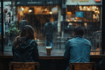 Rainy day rendezvous: Couple sharing a quiet moment by the window, watching the rain outside at a cozy cafe. Intimate and reflective.