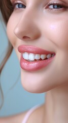 Smiling woman with flawless skin and perfect lips against a pale blue background captures beauty in a close-up portrait