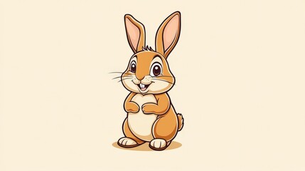 Obraz premium Cute cartoon rabbit with big ears and a cheerful expression, standing upright against a light background.
