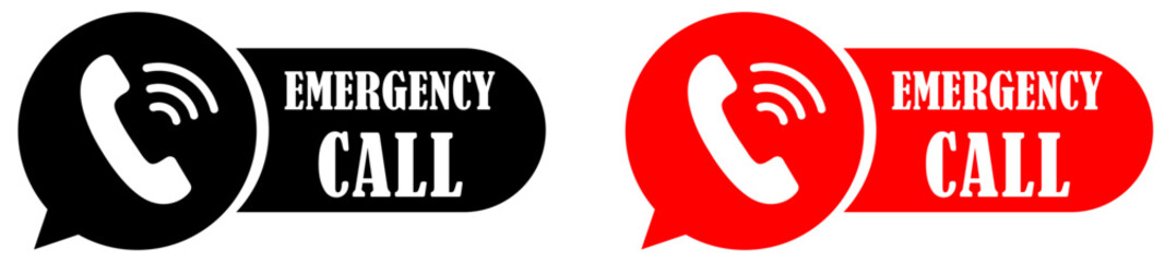 Emergency call icon in black and red color on white background. Urgent sos notification. Call assistance badge. Fast help call icon. Emergency support icon. Contact emergency sign. Vector illustration