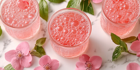 Three glasses of pink bubbly drink with pink flowers on a marble surface  for food blogs,beverage websites, beauty blogs,spa and wellness websites,and social media posts related to refreshing