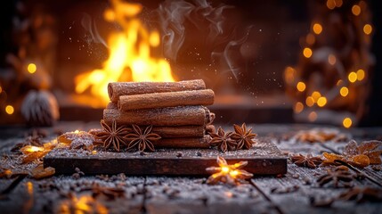 Cinnamon sticks by fireplace, festive lights, warm ambiance