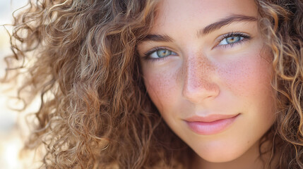 Portrait of a serene woman with curly hair and freckles. Her soft smile reflects a natural beauty that is both captivating and authentic.