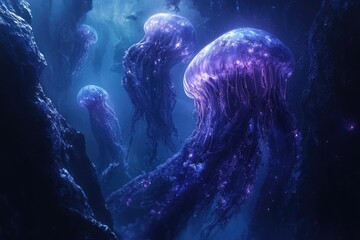 Glowing bioluminescent jellyfish illuminate a dark, underwater cavern, creating a surreal and magical scene.