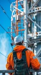 Worker in orange safety gear examines industrial tower during daylight hours in clear weather