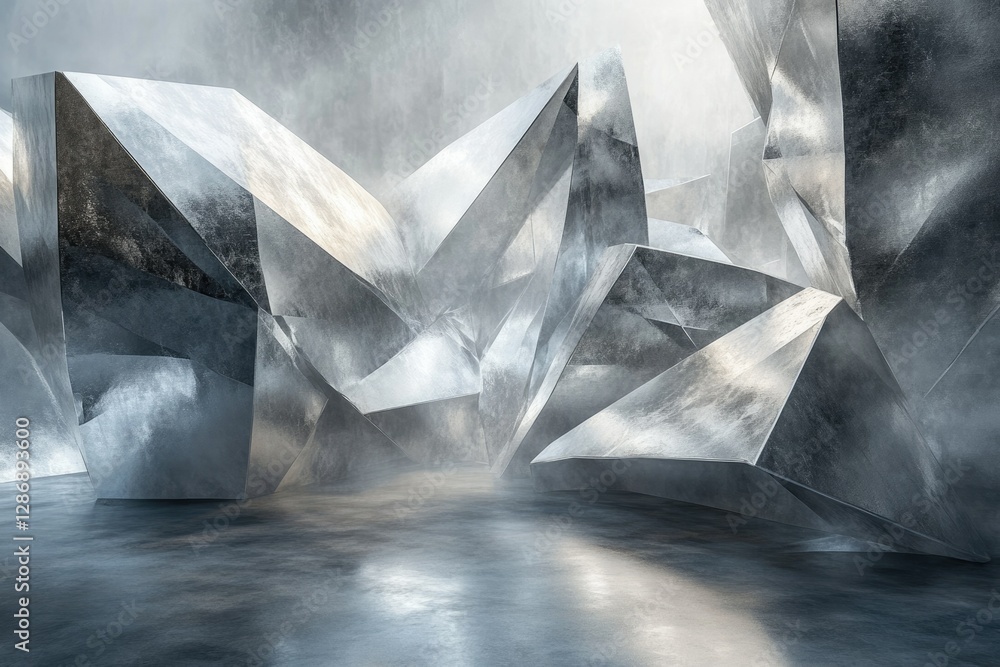 Poster abstract metallic geometric shapes form a misty, cavernous space.