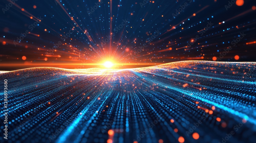 Poster abstract digital landscape with glowing particles and light source