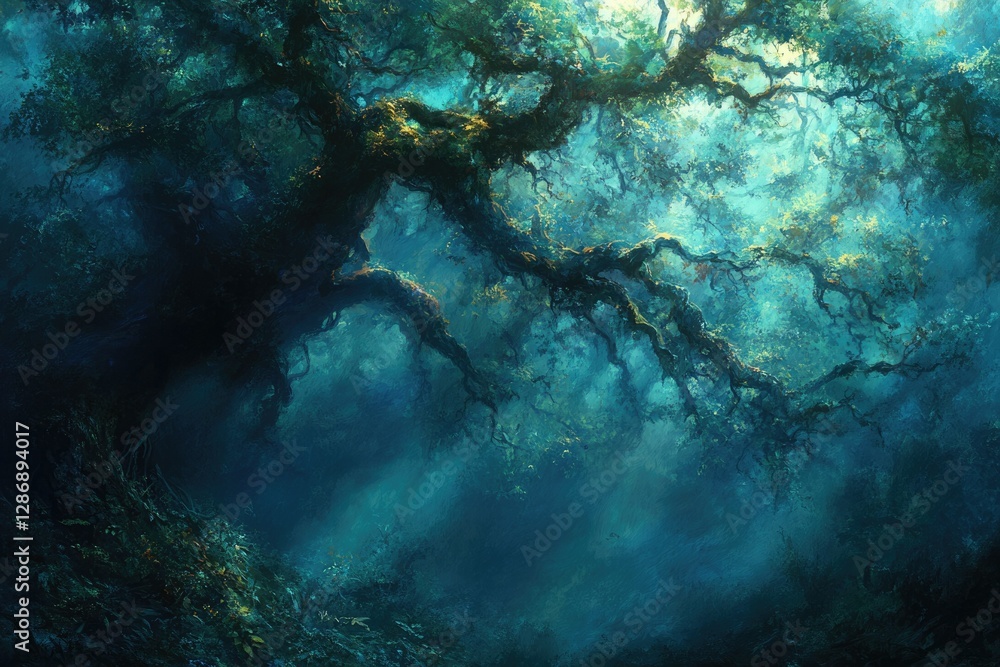 Poster enigmatic, ancient forest with a massive, moss-covered tree dominates the scene, bathed in ethereal 