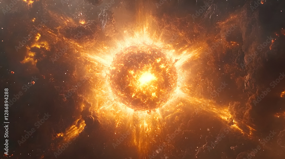 Poster large explosion of fire within a colorful nebula creating an abstract cosmic scene
