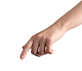 Female hand with index finger extended, pressing or selecting a virtual button. touchscreen...