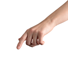 Female hand with index finger extended, pressing or selecting a virtual button. touchscreen interaction, decision-making, or digital selection. Isolated on white background.