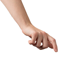 Female hand with index finger extended, reaching down as if pressing or selecting an invisible...