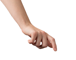 Female hand with index finger extended, reaching down as if pressing or selecting an invisible button. touchscreen interaction, decision-making, or digital selection. Isolated on white background.