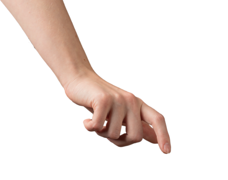 Female hand with index finger extended, reaching down as if pressing or selecting an invisible button. touchscreen interaction, decision-making, or digital selection. Isolated on white background.