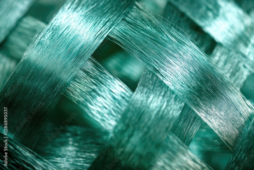 Poster close-up of interwoven teal fibers, creating a textured, abstract pattern.