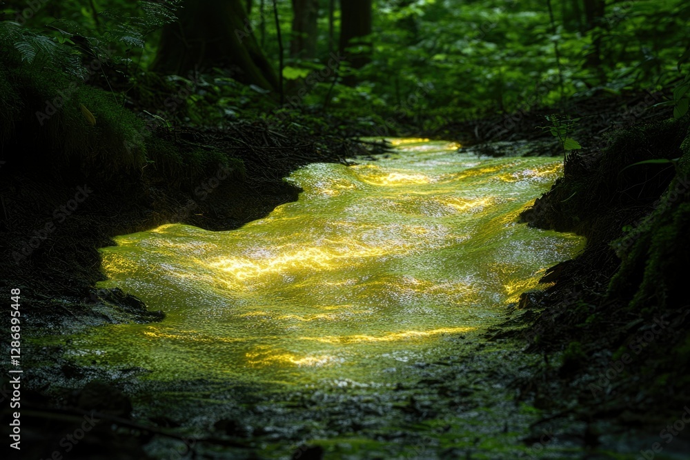 Poster sunlight illuminates a mossy stream in a dark forest, creating a magical, golden glow.