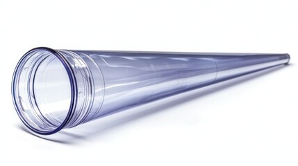 Clear plastic conical tube lying on white background