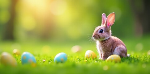 Fototapeta premium Little Easter bunny sitting on green grass with eggs around it, spring, animals, easter eggs