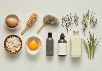Fresh Ingredients for Natural Beauty Treatments Featuring Egg, Oats, Aloe Vera, and Herbal Extracts for Skincare and Wellness