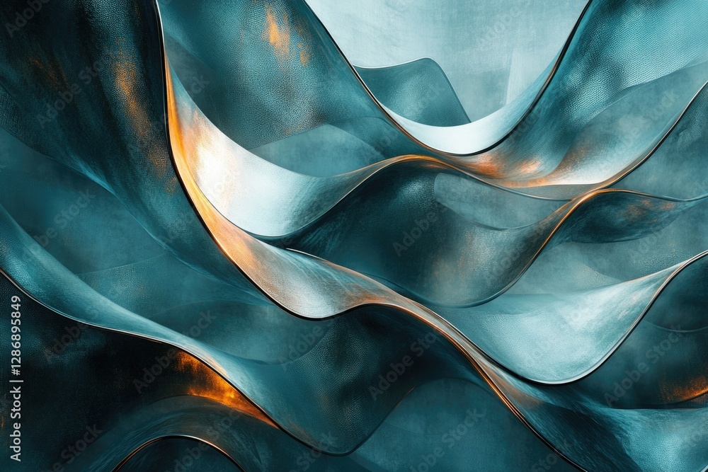 Aufkleber Abstract teal and gold metallic waves flowing dynamically, creating a luxurious and elegant visual.