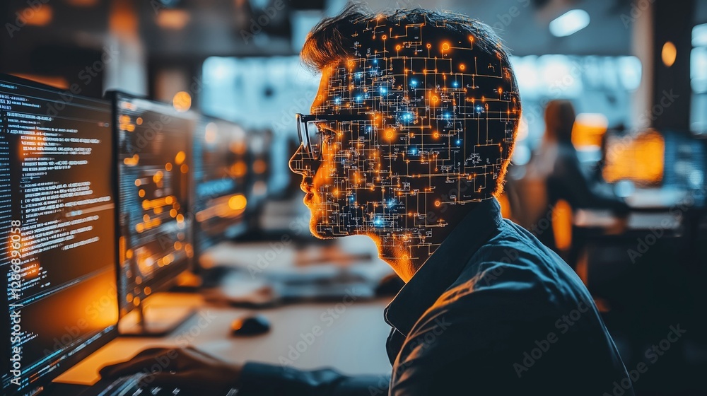 Poster profile of a man with a digital brain overlay, symbolizing futuristic technology and artificial inte