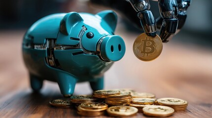 A robotic hand holding a gold coin above a piggy bank, symbolizing investment and technology in finance.
