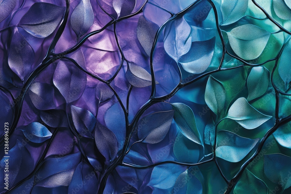 Poster abstract art depicting a network of vibrant purple, blue, and teal leaves, creating a mesmerizing vi