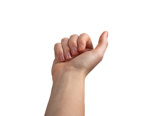Female hand with neatly manicured nails, fingers slightly curled in a subtle beckoning or grasping gesture. Symbolizing beauty, elegance, and invitation. Isolated on white background.