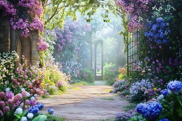 Sunlit Path Through a Magical Flower Garden