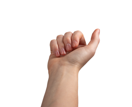 Female hand with neatly manicured nails, fingers slightly curled in a subtle beckoning or grasping gesture. Symbolizing beauty, elegance, and invitation. Isolated on white background.