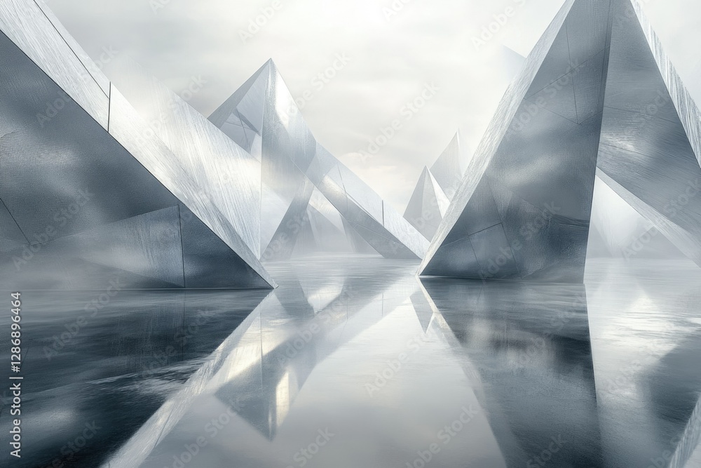 Aufkleber abstract minimalist architecture, geometric shapes reflected in still water, futuristic design, sere