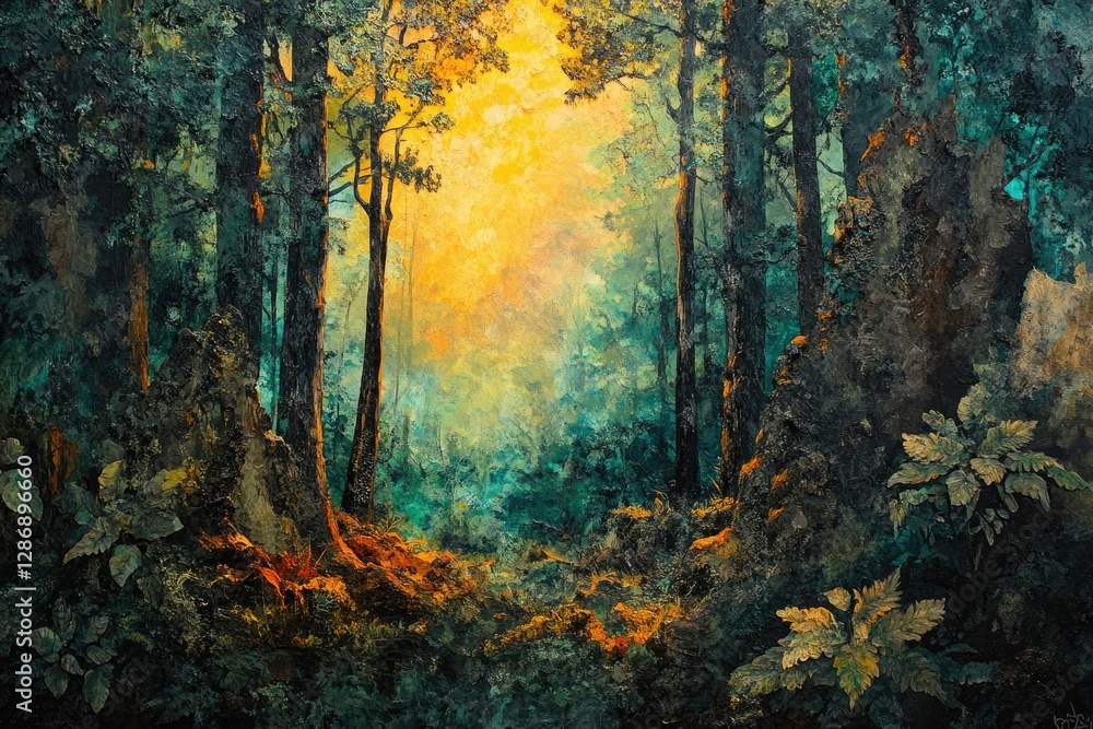 Poster a sunlit path winds through a mystical forest, where towering trees and lush foliage create an encha