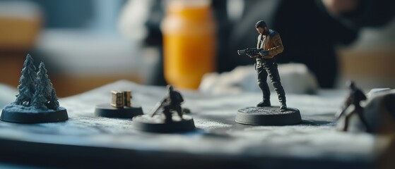 Miniature figures stand on a tabletop game board, set against a blurred background, capturing a moment of imaginative play and strategy.