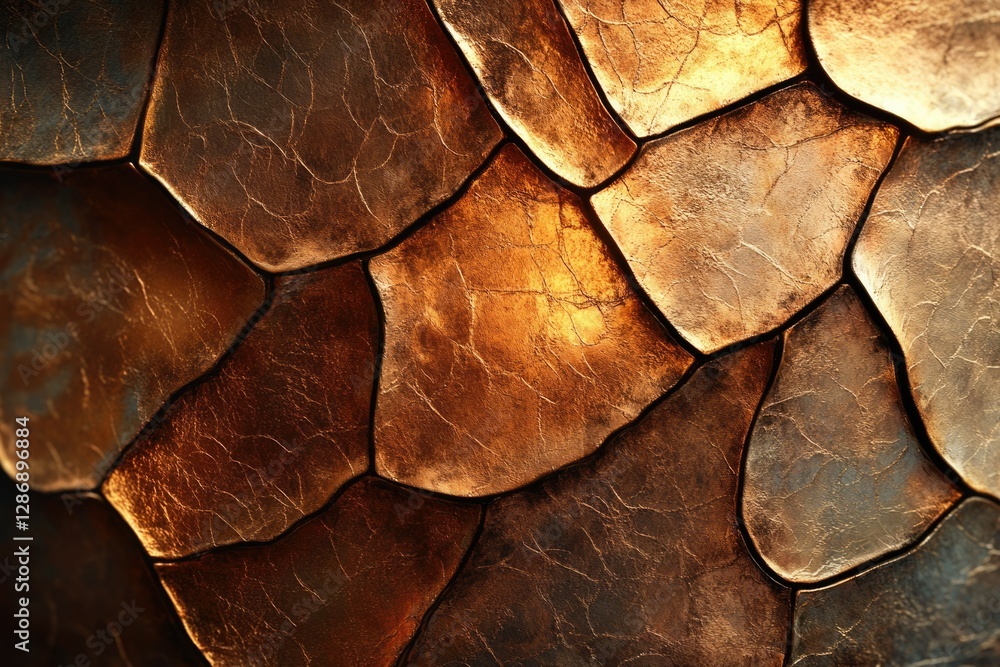 Poster Close-up of an intricate metallic mosaic with bronze and copper tones, creating a textured, artistic surface.