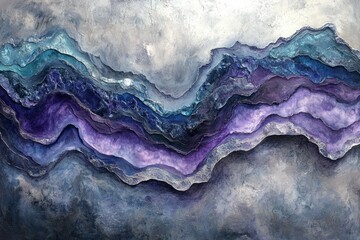 Layered abstract painting in shades of purple, blue, and gray, resembling a mountainous landscape.