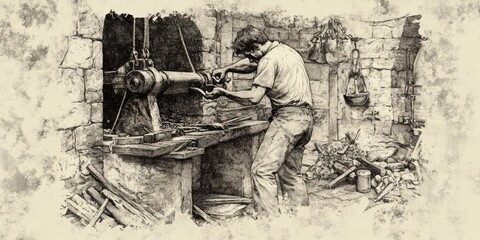 vintage blacksmith postcard, vintage etching style postcard template featuring a blacksmith forging metal in a traditional workshop with space for personalized text