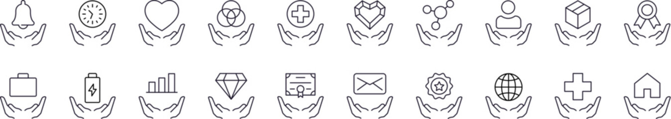 Suitcase, Circles, Heart, Cross on Hand Line Icon Set. Outline Signs for Graphic and Web Design, Apps, Adverts, Various Cards