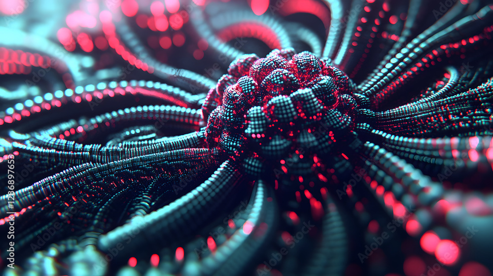 Poster close up of a red and black abstract object with a blurred background of green foliage