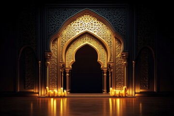 ornate golden archway mystical gateway with intricate islamic patterns and dramatic lighting