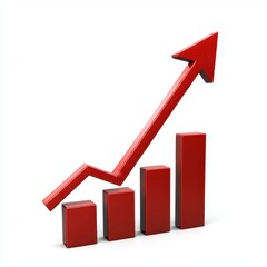 3D illustration of a red bar chart with an upward-pointing arrow symbolizing growth, success, and progress.