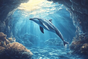 Naklejka premium Dolphin swimming gracefully through clear water of ocean cave with coral reefs underneath bright sunlight