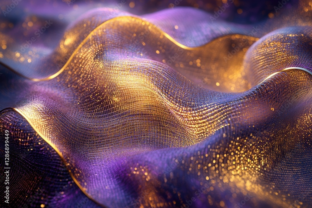 Poster abstract image of a shimmering, golden and purple fabric, flowing in soft waves.