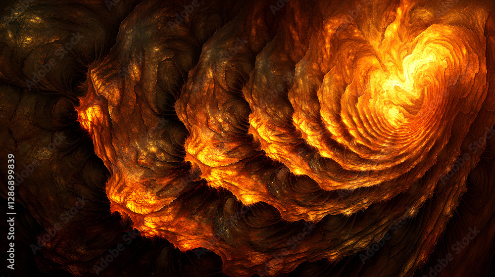 Poster abstract visualization featuring a large orange and black swirl with tulip elements in a creative de