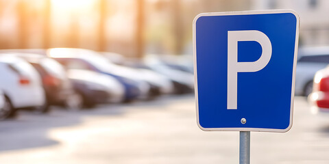 Parking sign stands tall amidst a blurry row of parked cars, indicating designated parking area in a public setting with clear signage and organized arrangement.