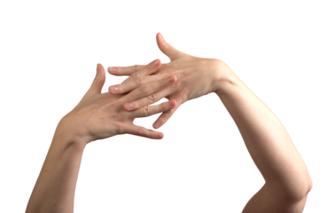 Female hands elegantly intertwined, nails polished and well-groomed, showcasing beauty, skincare, and wellness. Symbolizing self-care, hygiene, and feminine elegance. Isolated on white background.