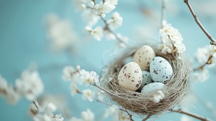Obraz premium Pastel Easter Eggs in Bird Nest with Delicate Spring Blossoms. Perfect for Easter cards, spring decorations, and springtime greetings. A beautiful, 