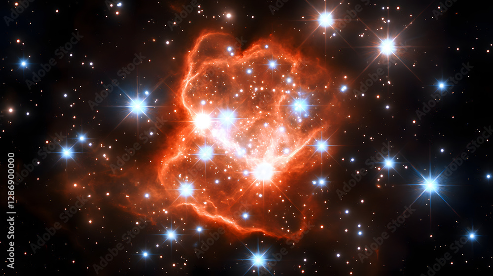 Poster abstract visualization of a cluster of stars and cosmic elements in a dark space background