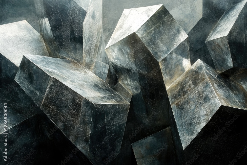 Aufkleber abstract grayscale image showcasing an intricate arrangement of geometric, metallic, cube-like forms